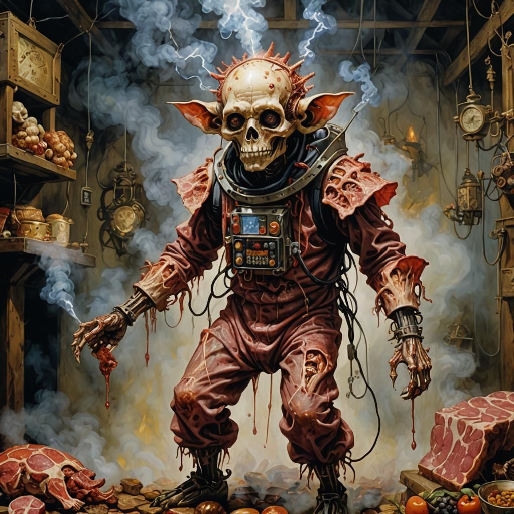 Surreal Skeleton in Meat Onesie with Electric Mist