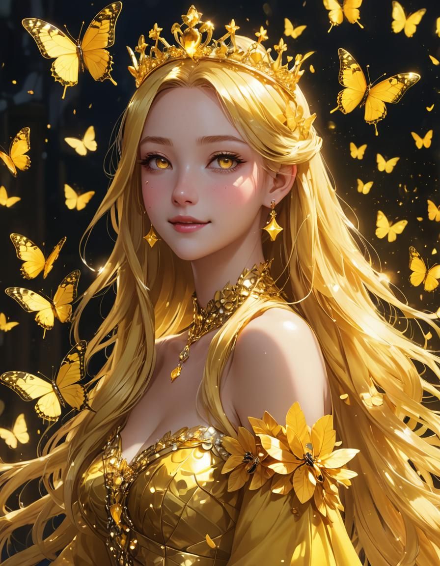 Yellow Princess Girl with Butterflies in Anime Style