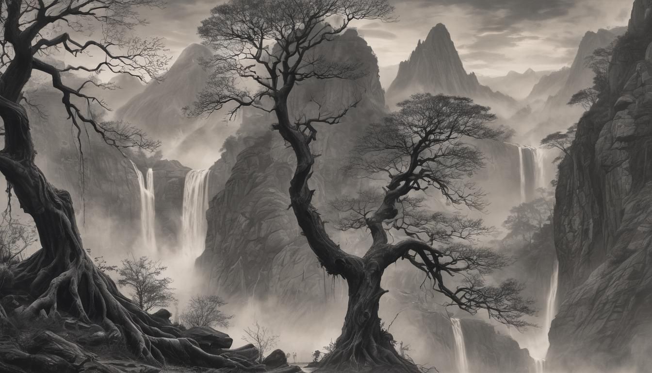 Mystical Mountain Landscape in Charcoal Drawing Style