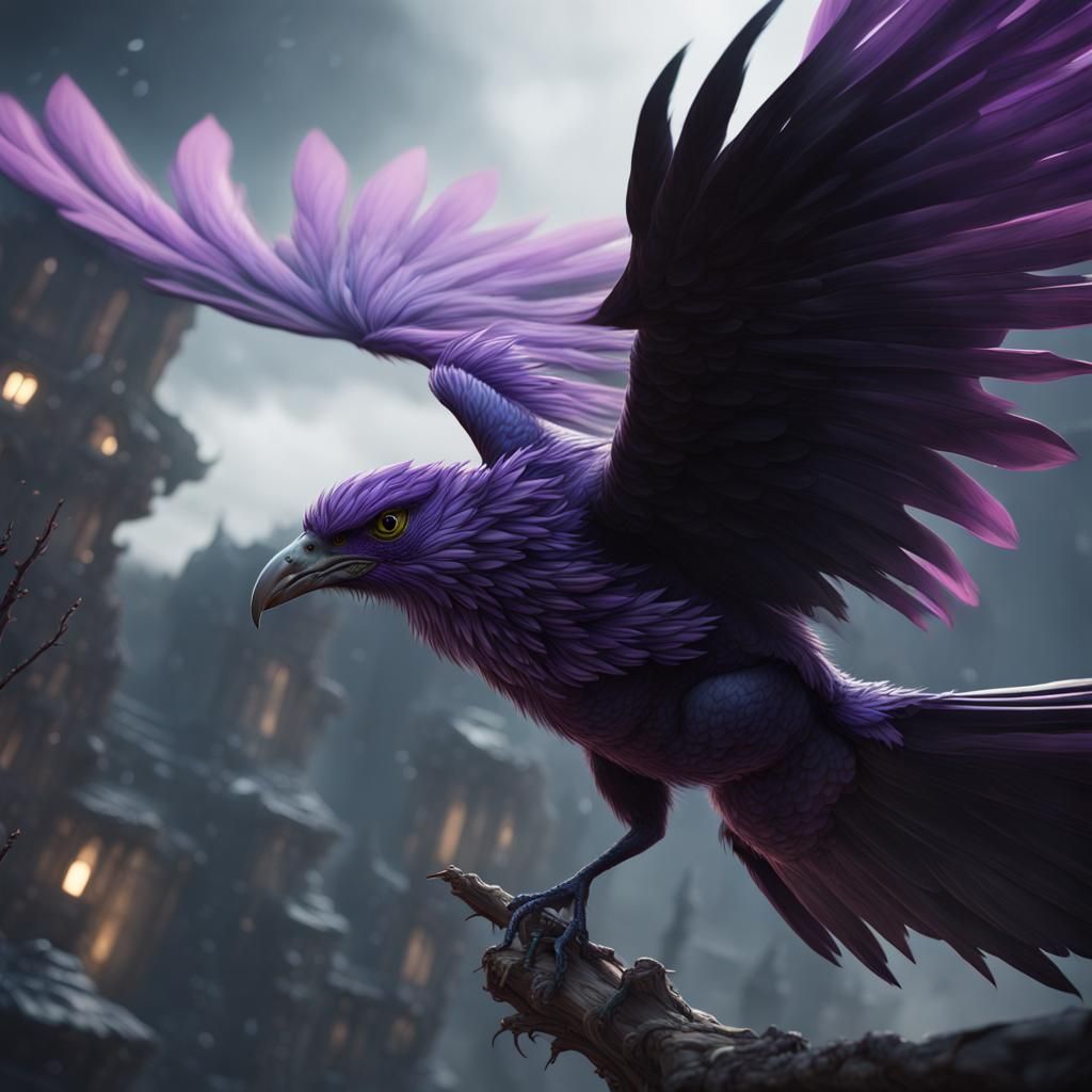 Fantastical Purple-Black Bird in Detailed Matte Painting