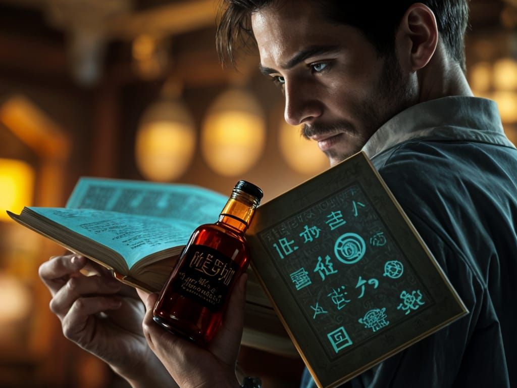 Man Reads Book With Glowing Hieroglyphs, Holds Red Bottle