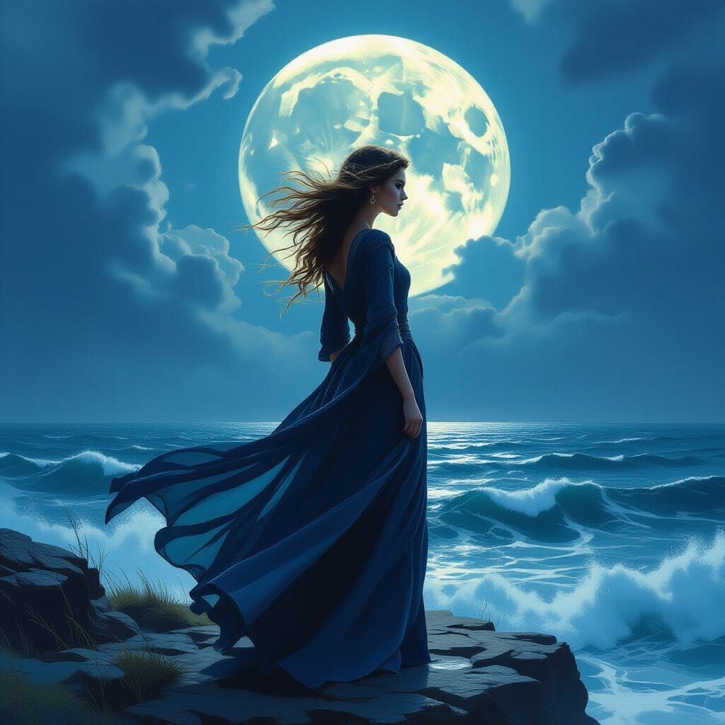 Woman on Cliff Overlooking Stormy Sea