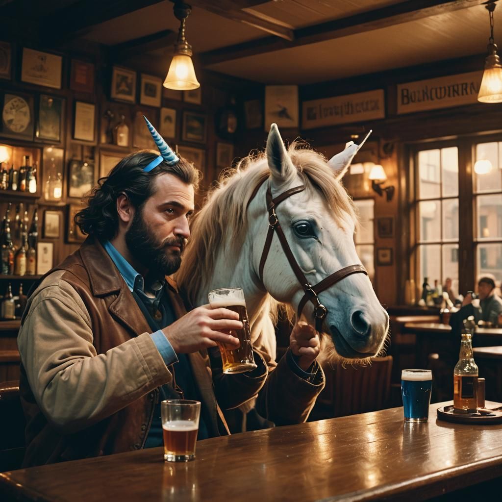 Unicorn and Man Drinking Beer in Pub, Cinematic Style