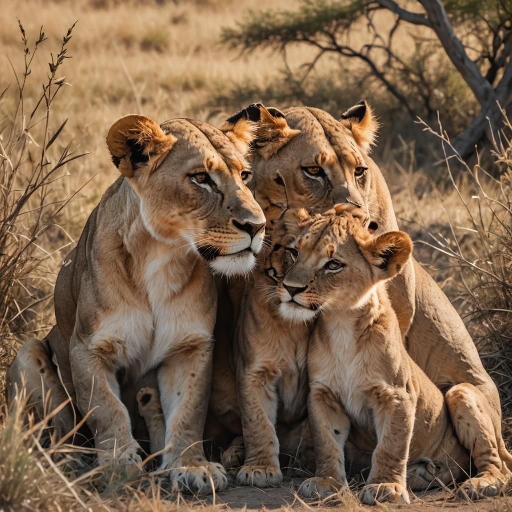 Lioness Nuzzling Cubs in Serene Savannah