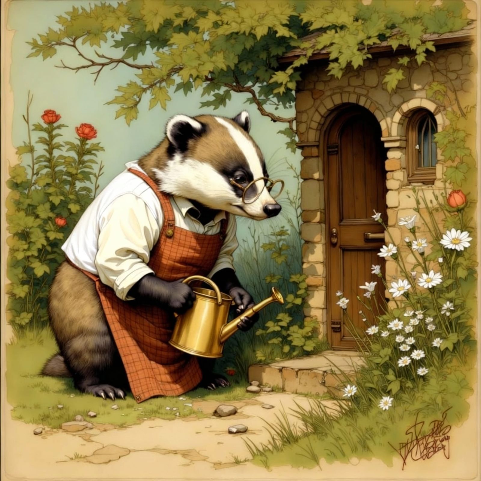 Whimsical Badger Tending Miniature Garden