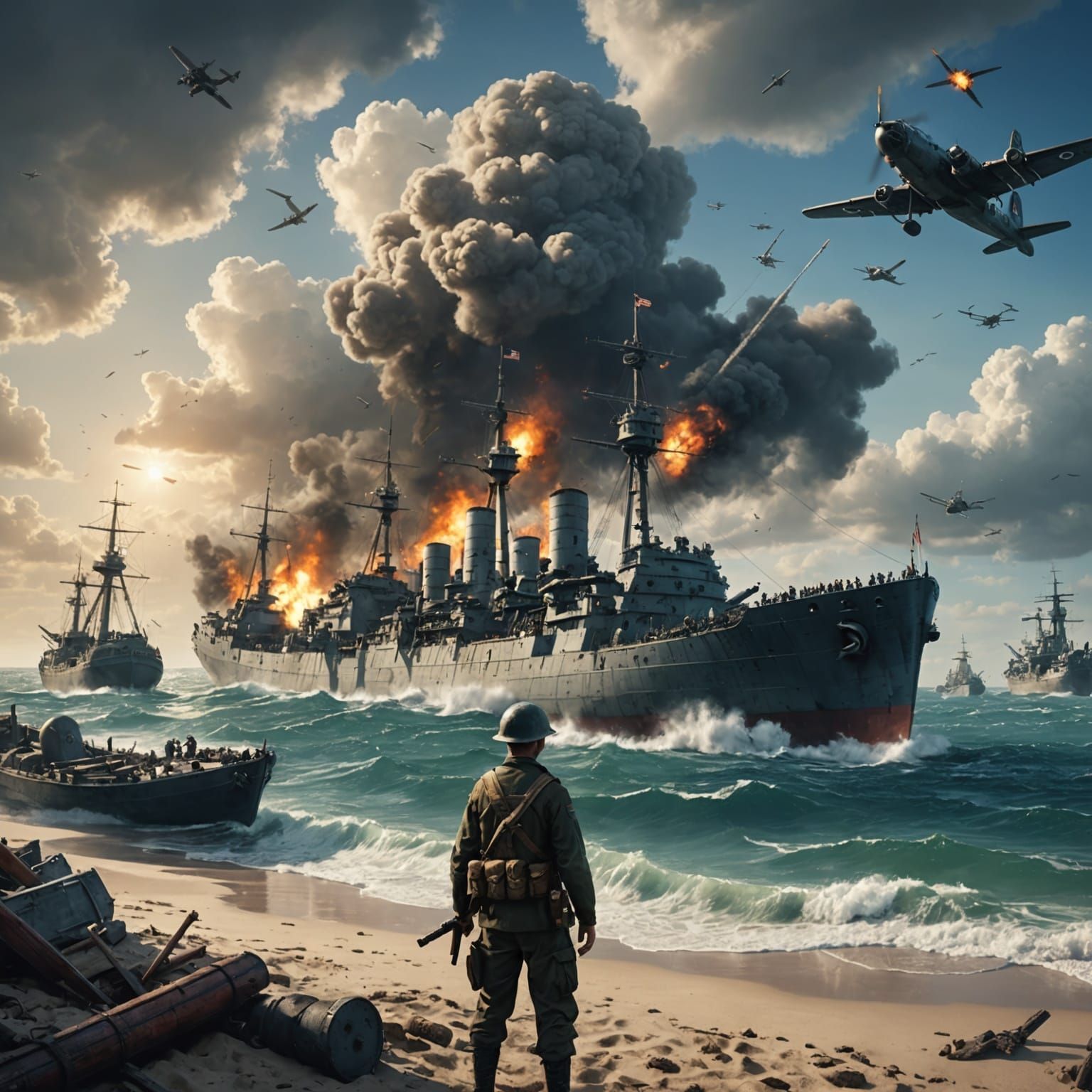 Epic Sea Battle with Aircraft, Realistic Matte Painting