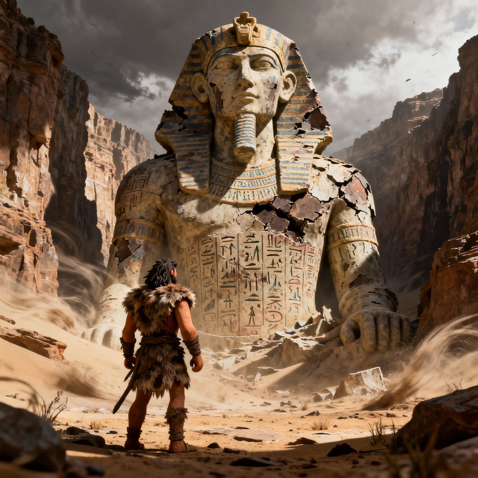 Caveman Before Crumbling Deity Statue in Canyon - Stop Motio...