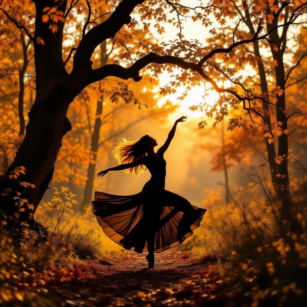 Autumn Forest Ballerina Double Exposure in Golden Hour Light