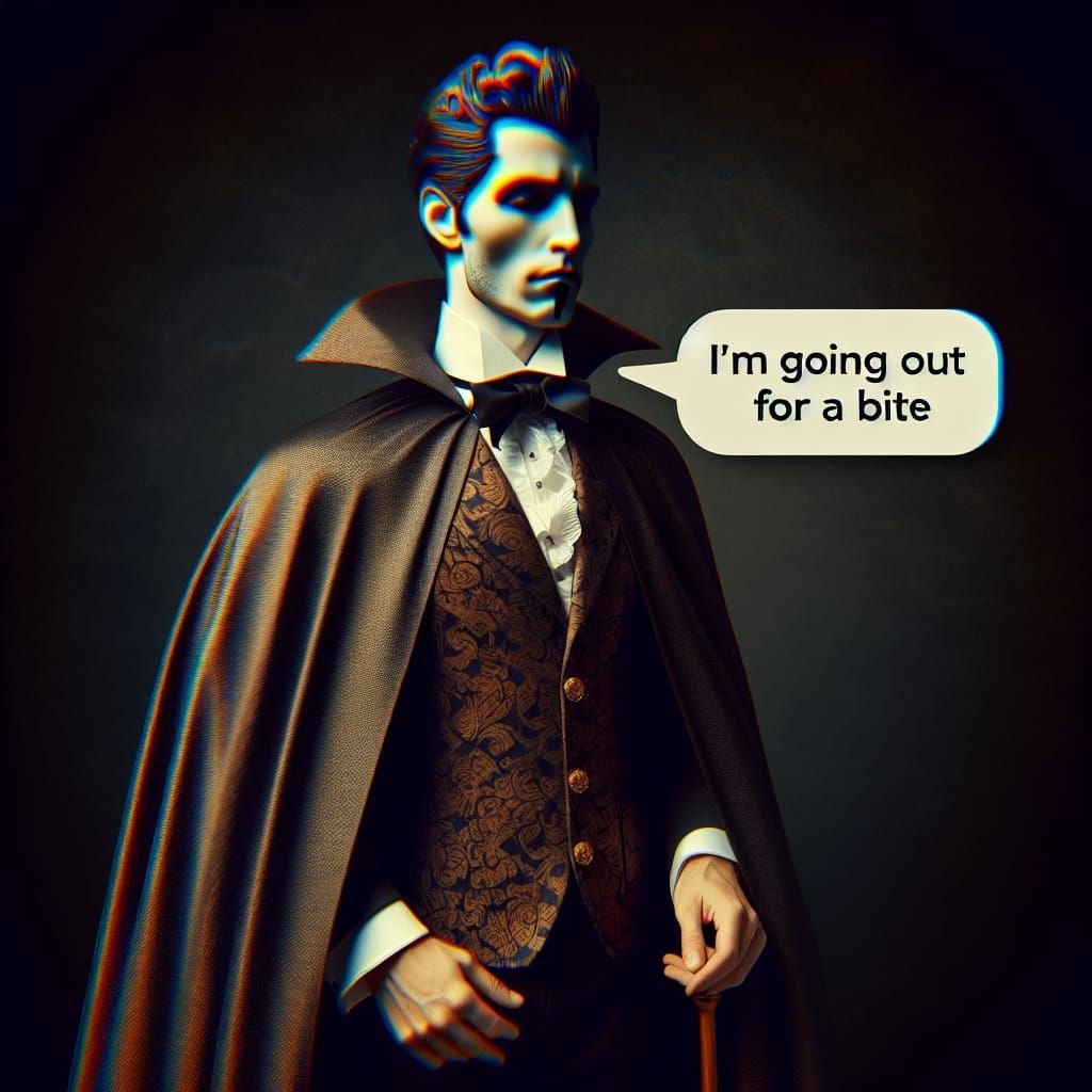 Classic Dracula, Chat bubble “I’m going out for a bite” goth...