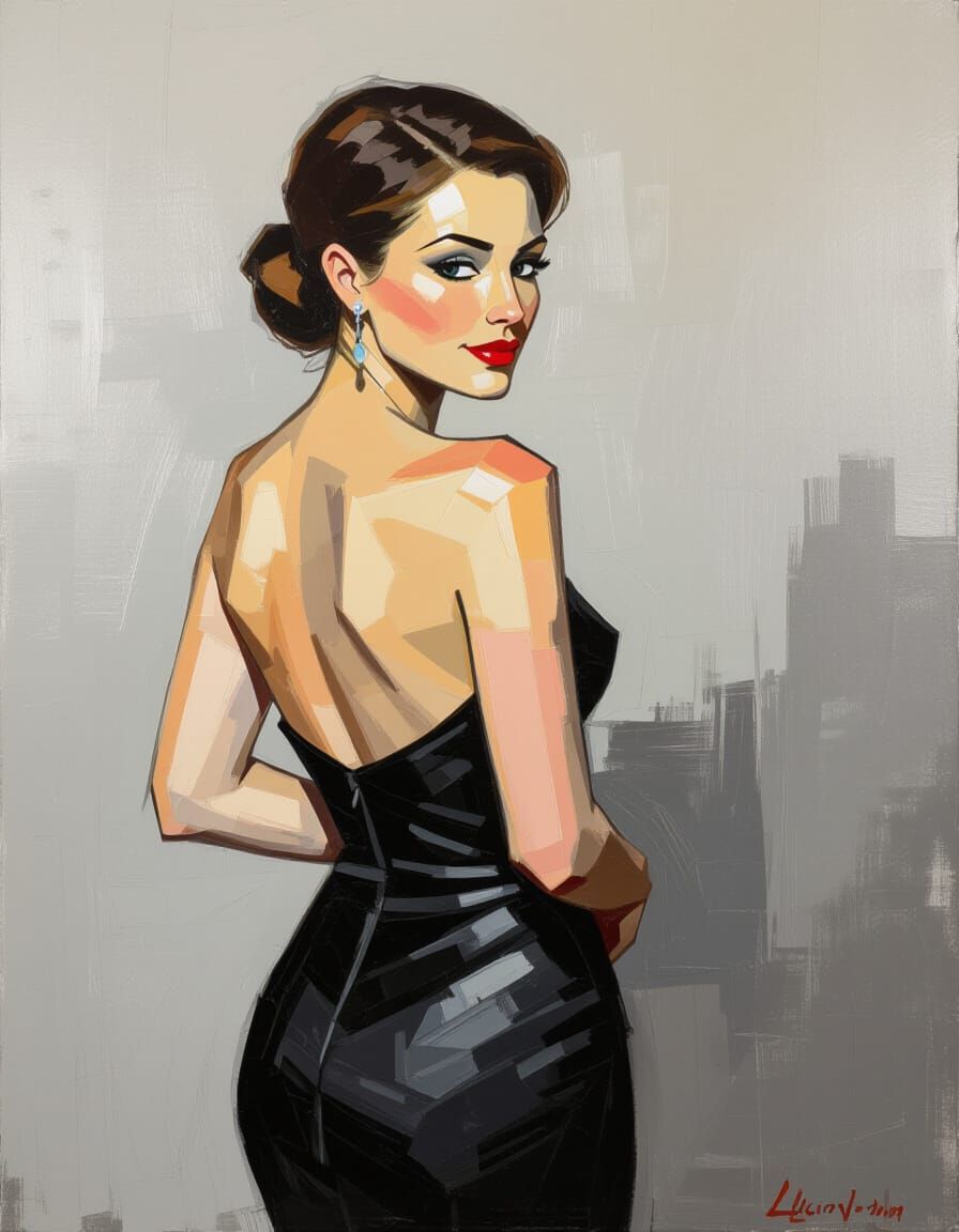 Elegant Woman in Expressive Black and White Palette Knife Pa...