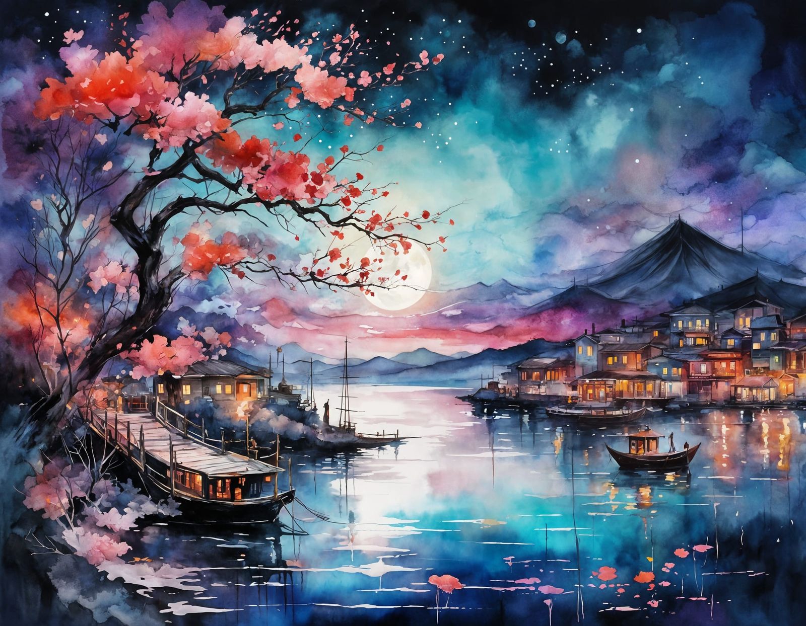 Night Harbor Dreamscape in Watercolor Style