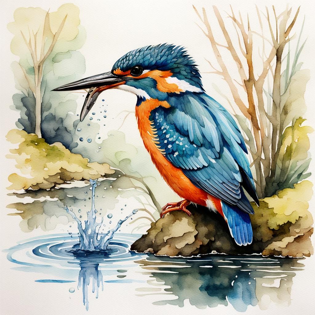 Kingfisher Emerging from Pool: Watercolor Painting
