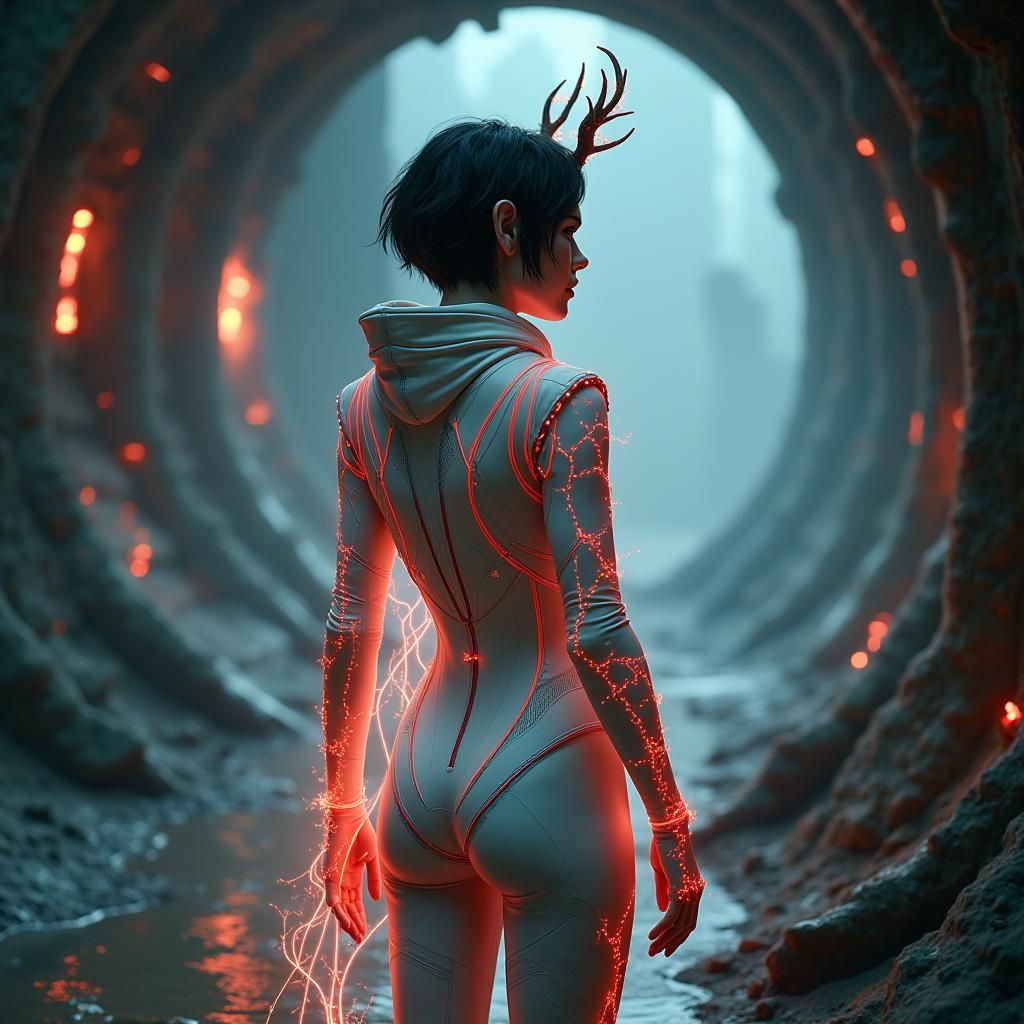 Beautiful Elf in Sci-Fi Armor with Bioluminescent Lights