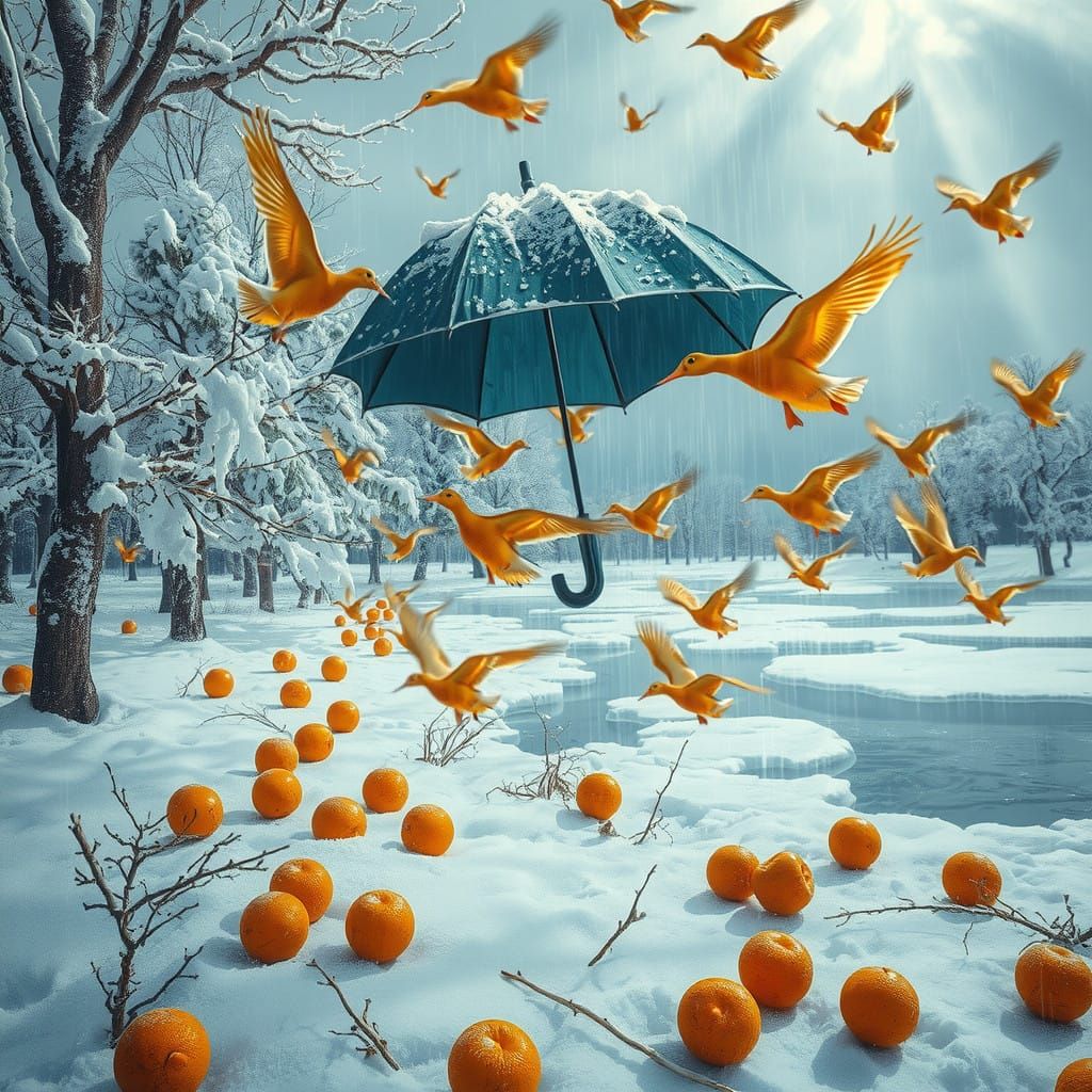Flying Ducks in Winter Wonderland, with Oranges and Umbrella...