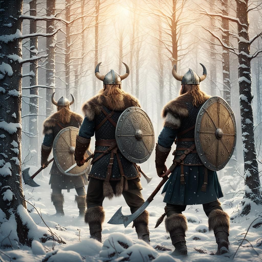 Viking Warriors in Snowy Nordic Forest