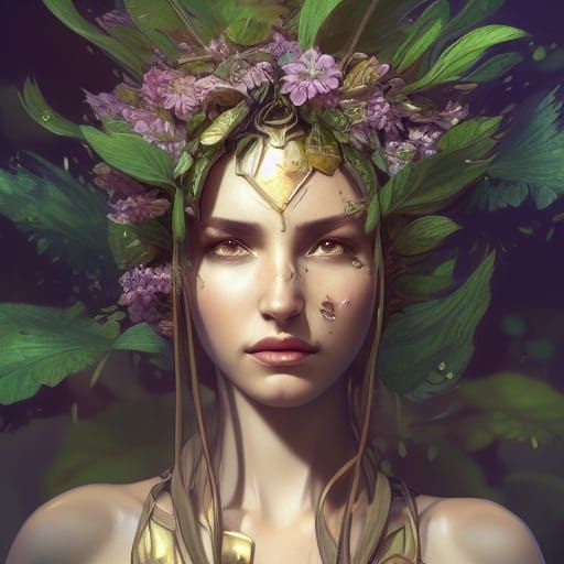 Detailed Plant Queen Portrait in Art Nouveau Style