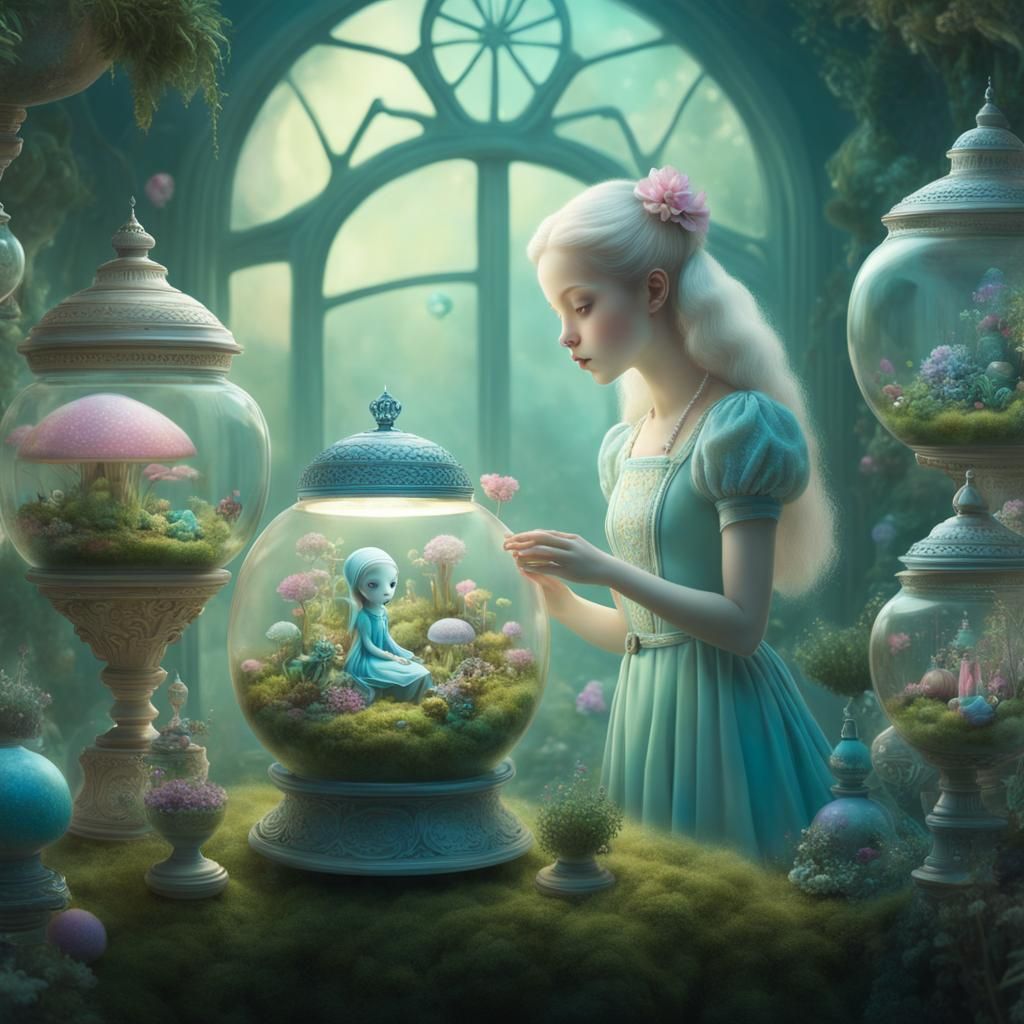 Ethereal Alien Tends Magical Terrarium Worlds