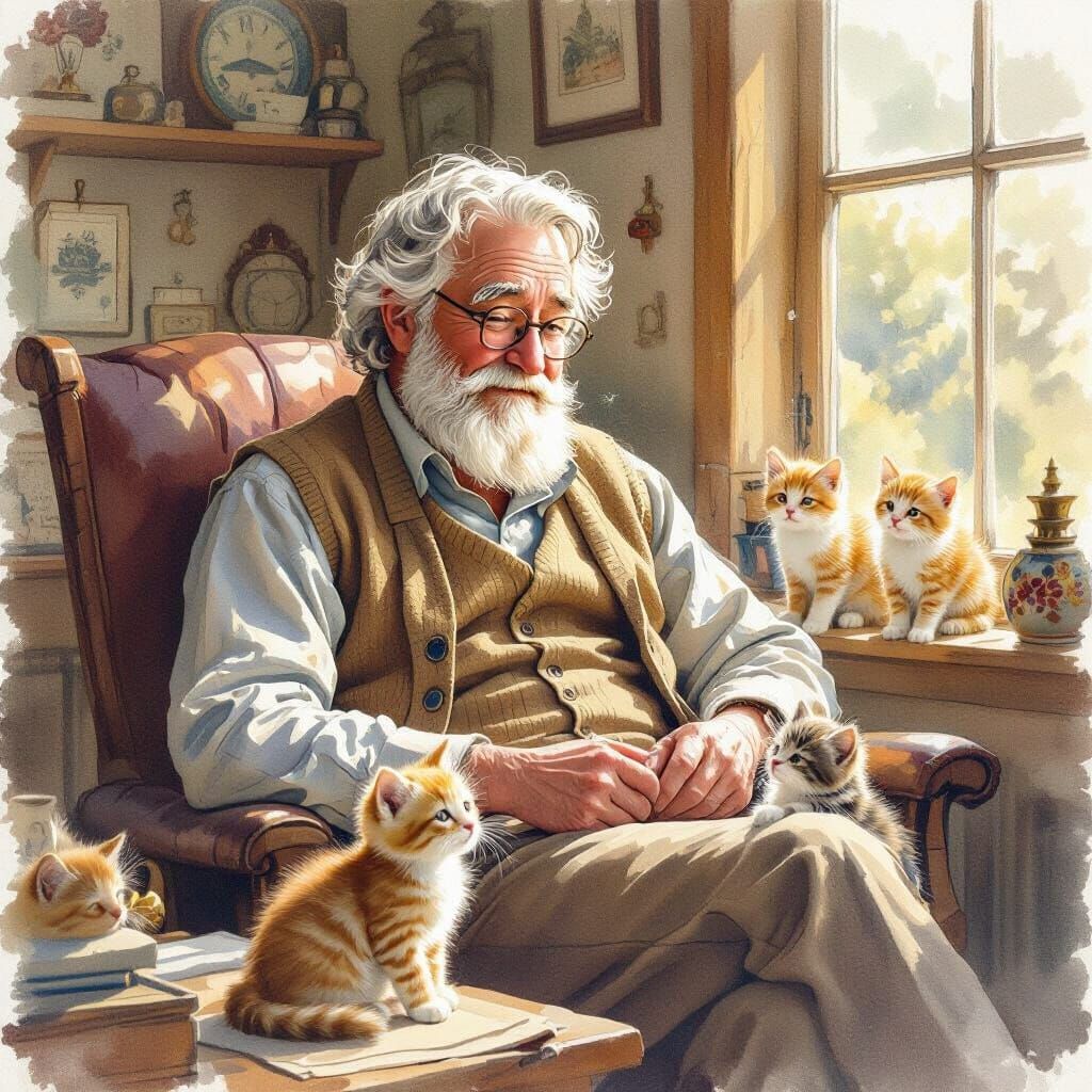 Vintage Watercolor: Kind Veterinarian with Kittens