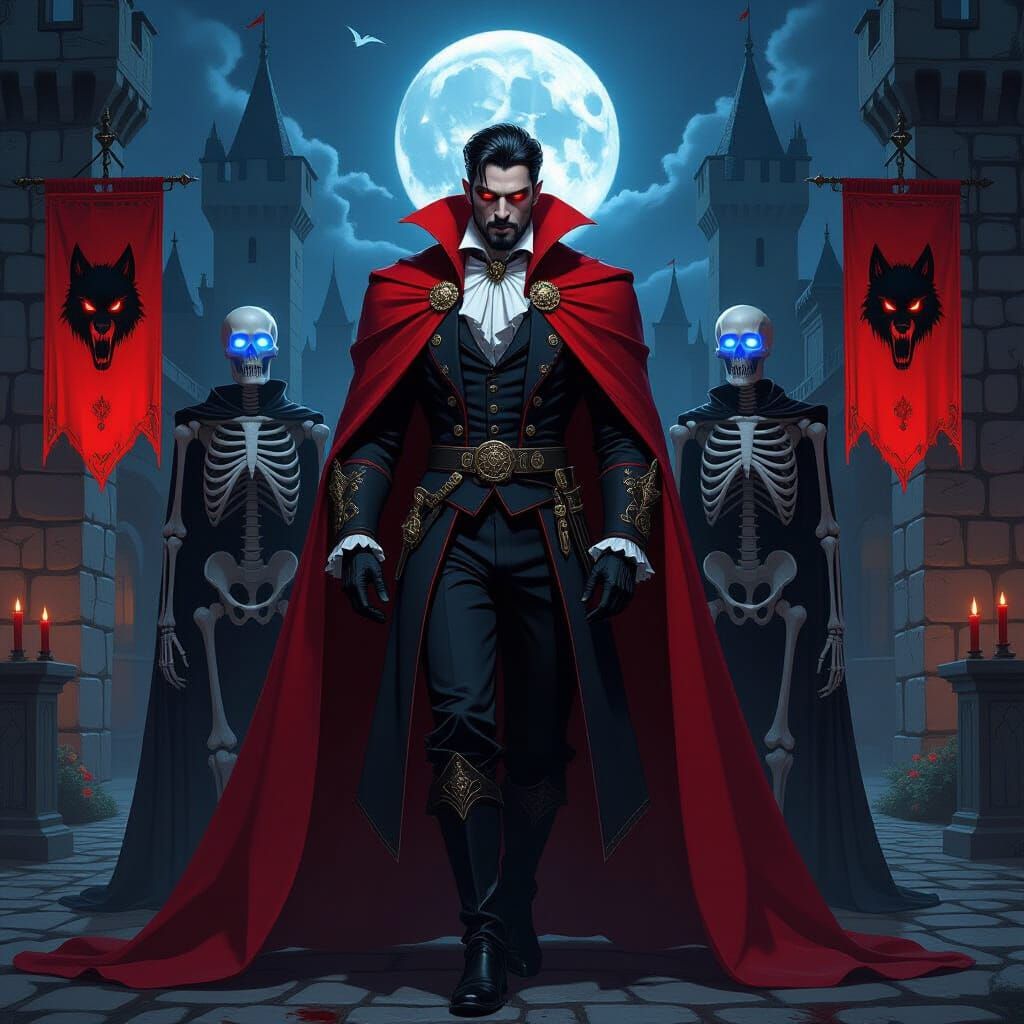 Handsome Vampire in Red Cloak with Skeletons