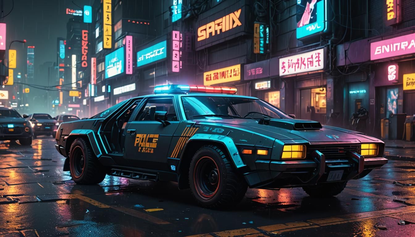 Cyberpunk Police Car in Futuristic Cityscape