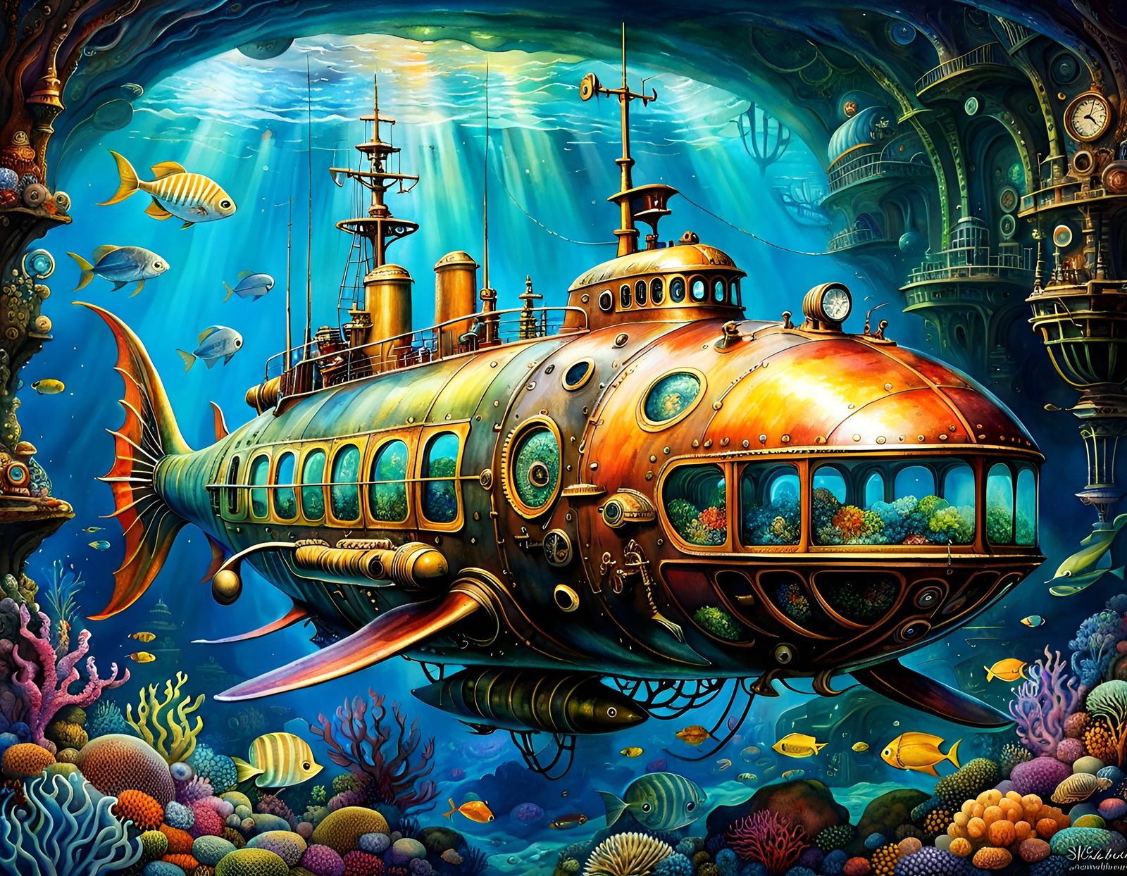 Steampunk Submarine Adventure in Watercolor Style
