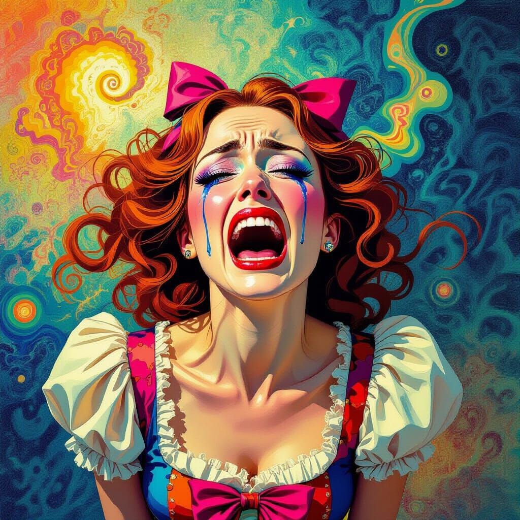 Psychedelic Woman's Emotional Outburst in Surreal Wonderland