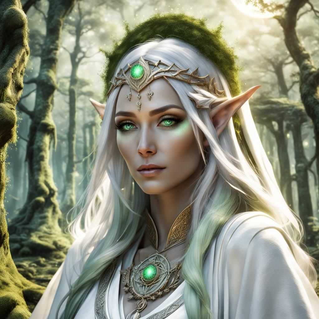 Elegant Elven Priestess at Moon Shrine