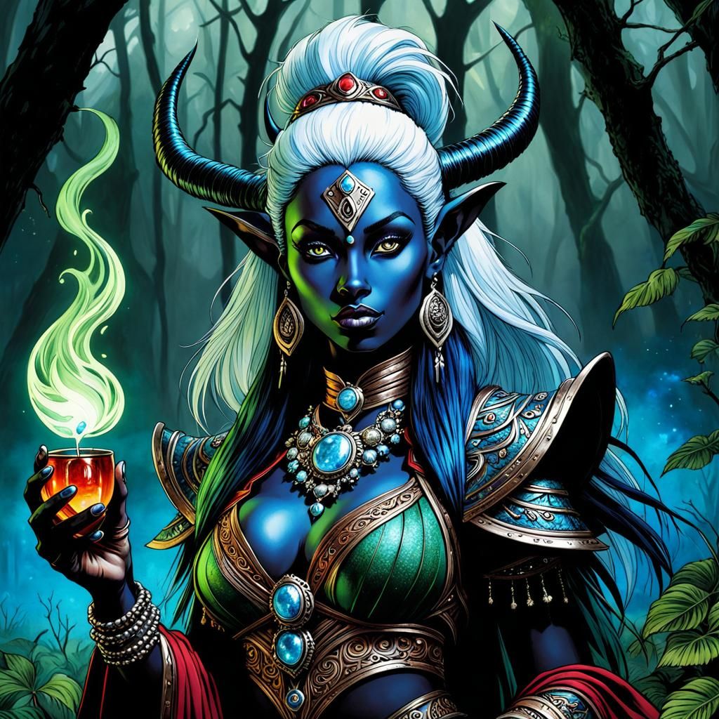 Drow Shaman in Magical Glade, Alcohol Ink Art