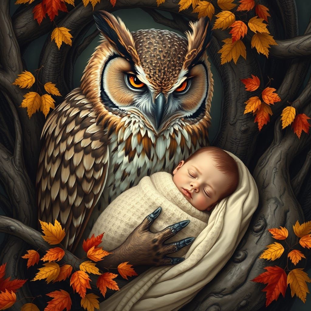 A fantasy-style medium shot of a large, majestic owl with intricate feather details in shades of brown, beige, and white...