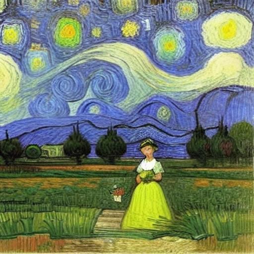 Bride and Father in Field, Van Gogh Style