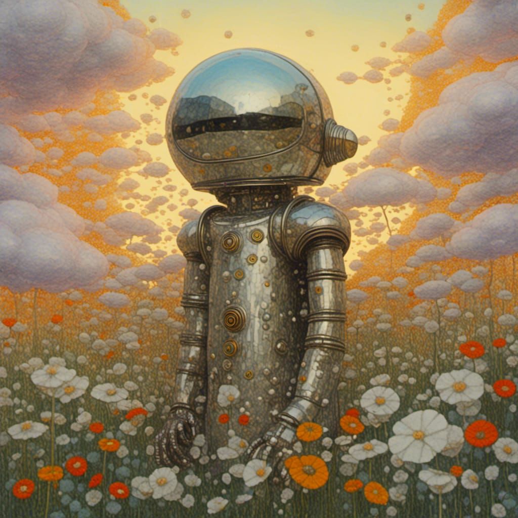 Steampunk Spaceship in Klimt-Inspired Floral Field