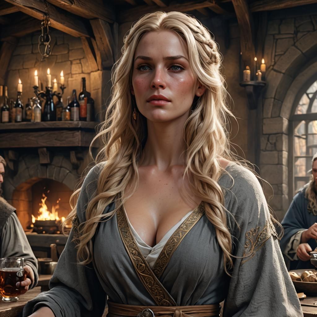 Medieval Tavern: Blonde Woman in Dark Fantasy Art