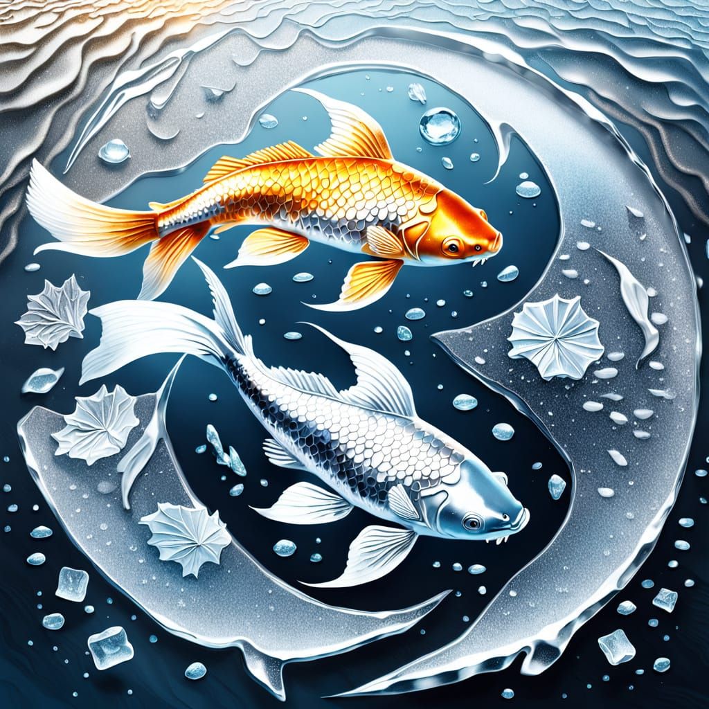 Surreal Koi Fish Scene in Escher-Inspired Digital Art