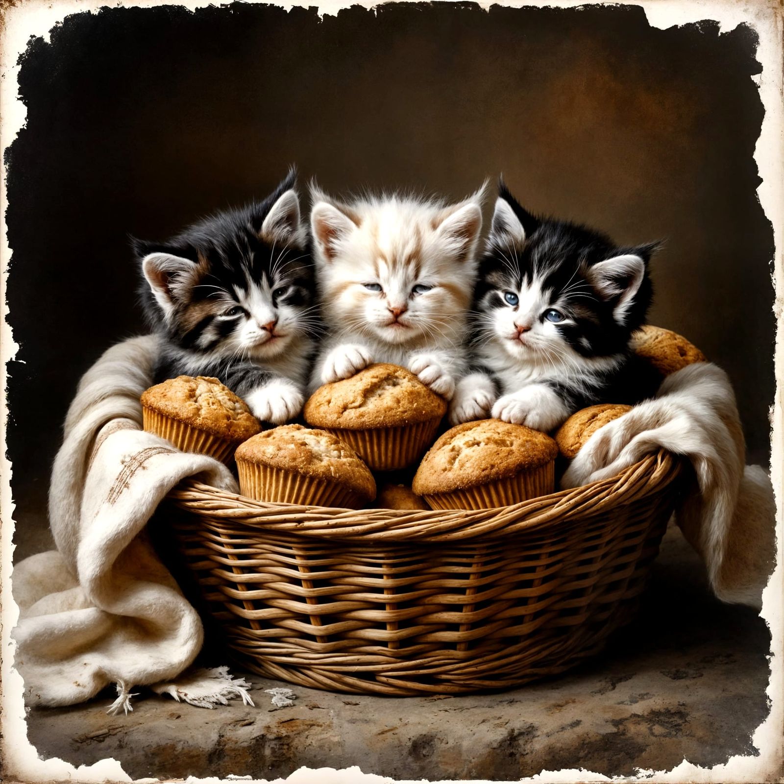 Vintage Photo Of Baby Kittens In Basket With Muffins
