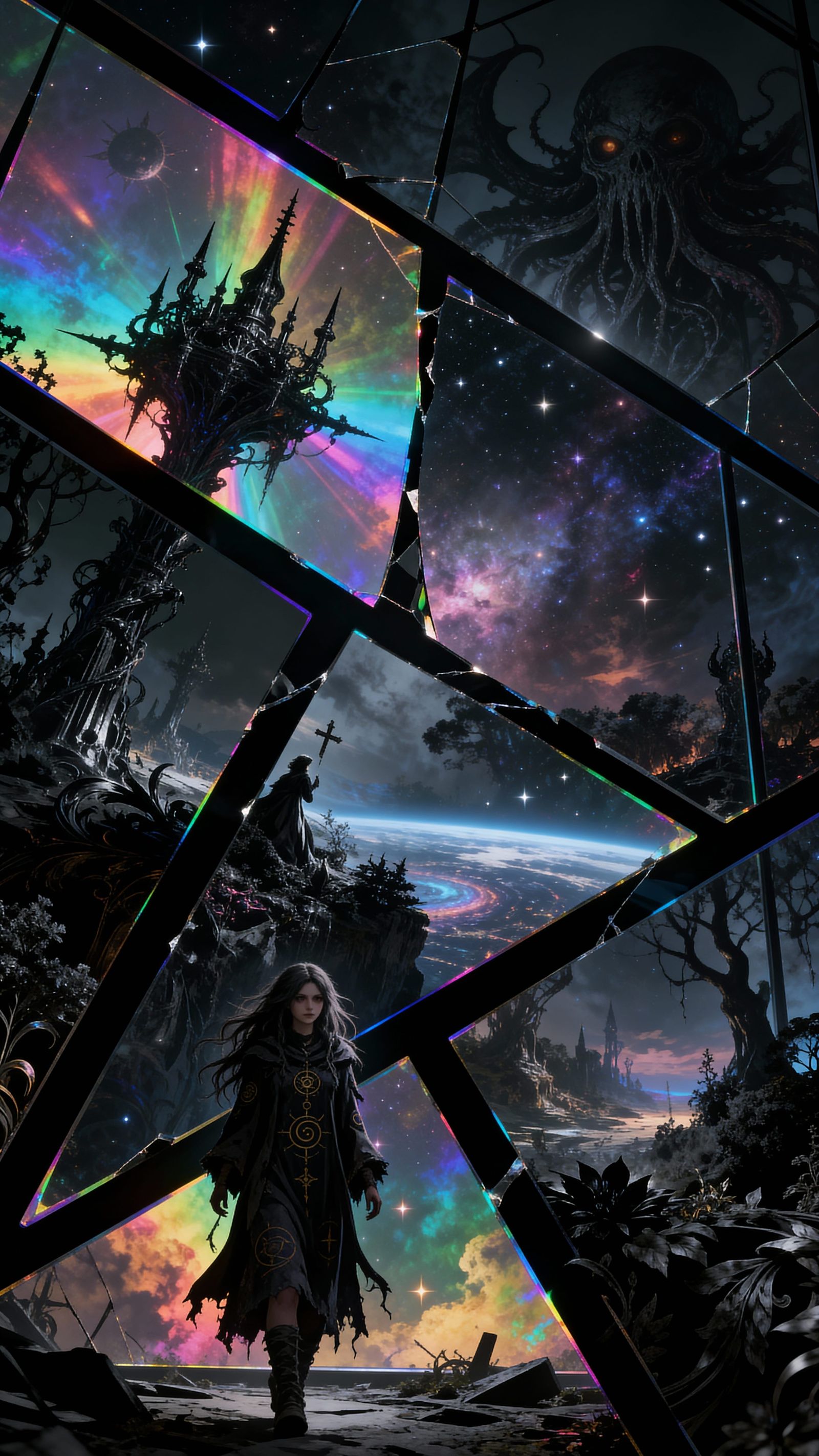 Mysterious Sorceress in Cosmic Horror Landscape