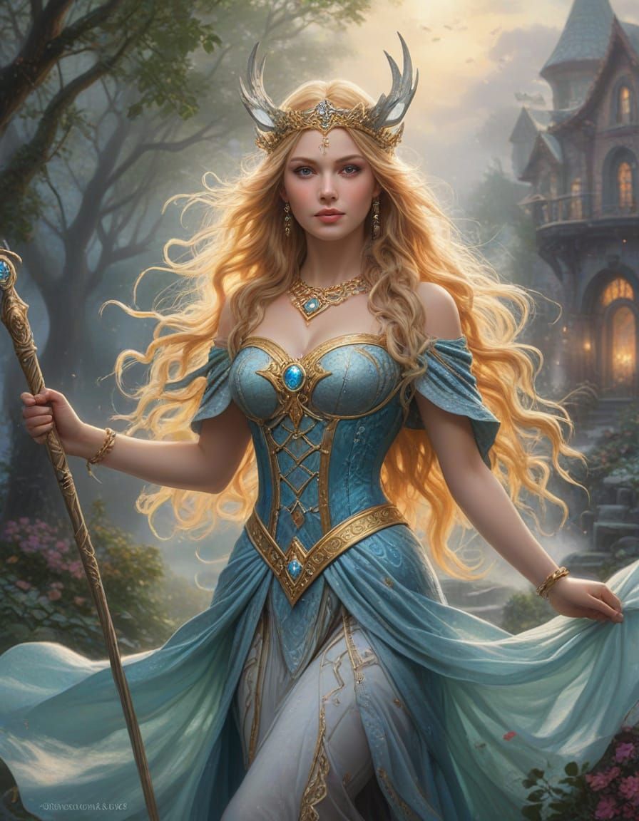 Ethereal Goddess Freya in Enchanted Misty Landscape