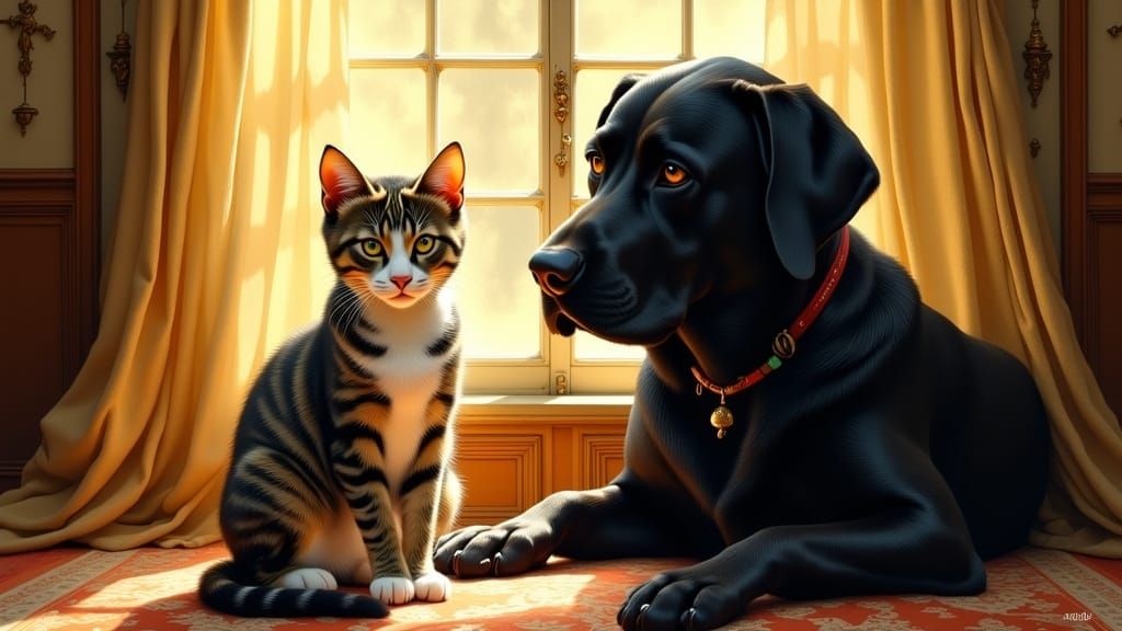 Tabby Cat and Black Labrador in a Cozy Oil Painting