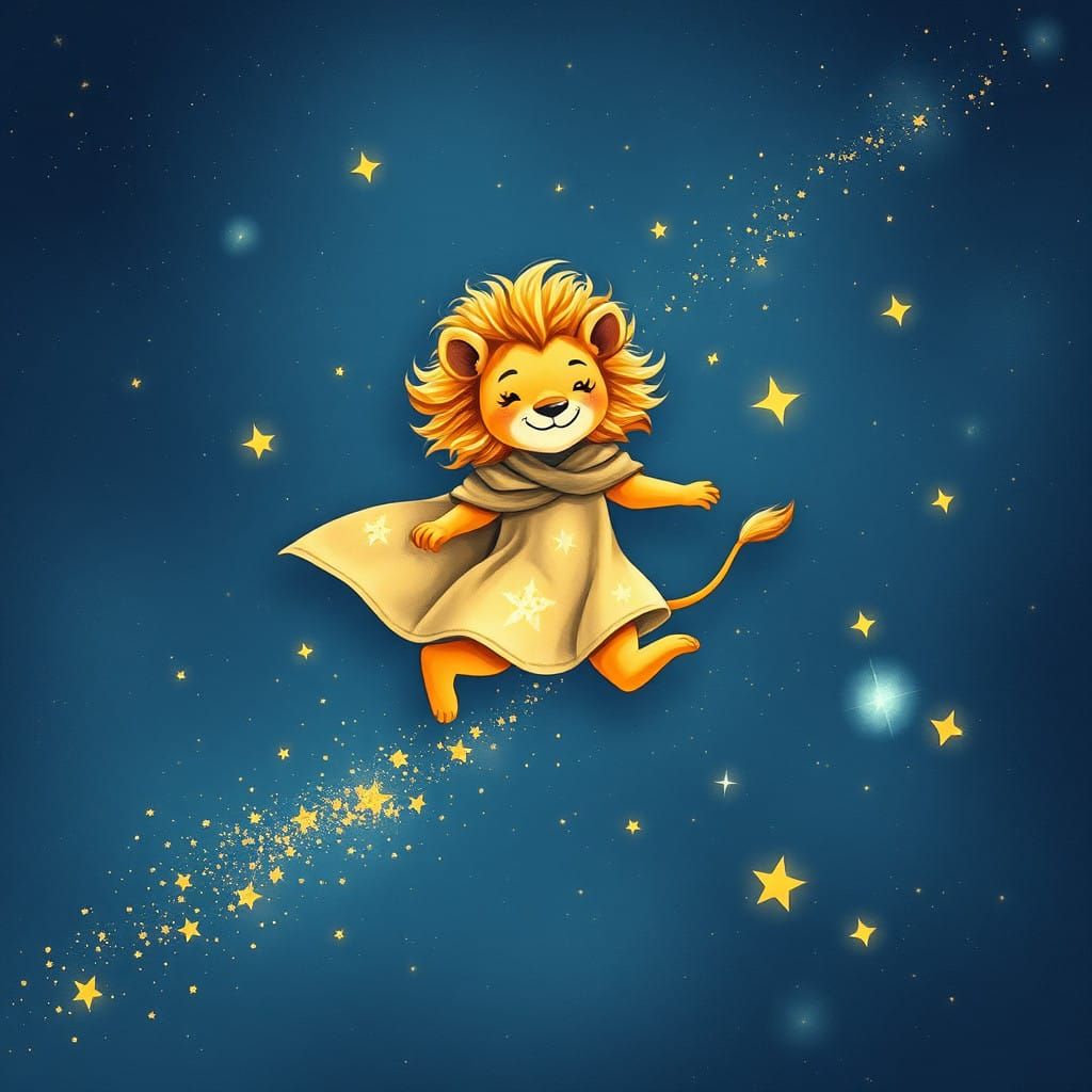 Celestial Lion Child Embarks on Whimsical Journey Across Leo