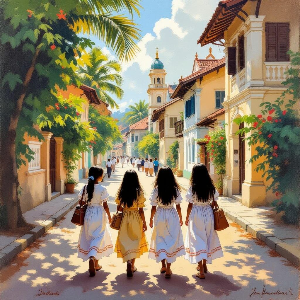 Sri Lankan Girls Walk to School, Impressionist Style