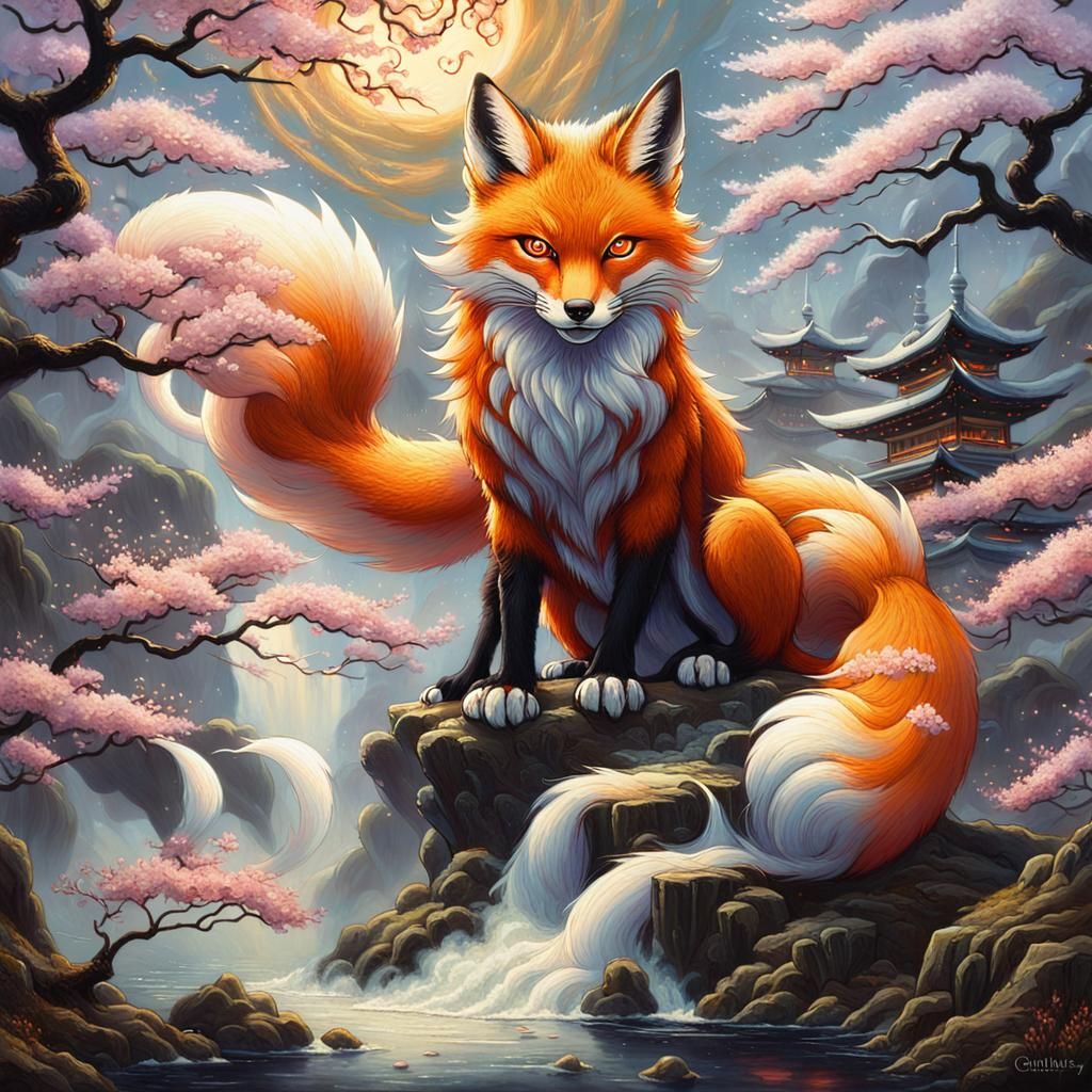 Nine-Tailed Fox Demon in Japanese Mythology Oil Painting