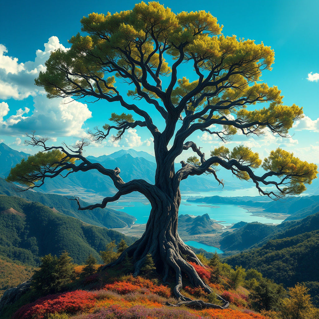 Majestic Tree in Dreamlike Landscape: Digital Matte Painting
