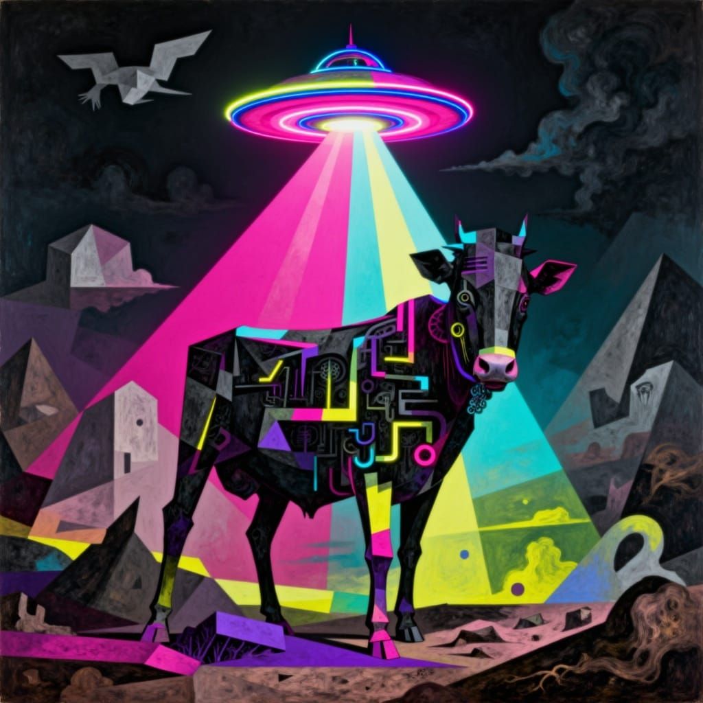 Wicked UFO Abducts Cow in Abstract Style