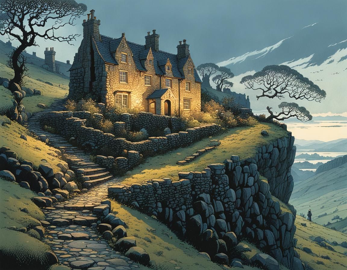 Misty Scottish Hills with Stone Walls: Fantasy Art
