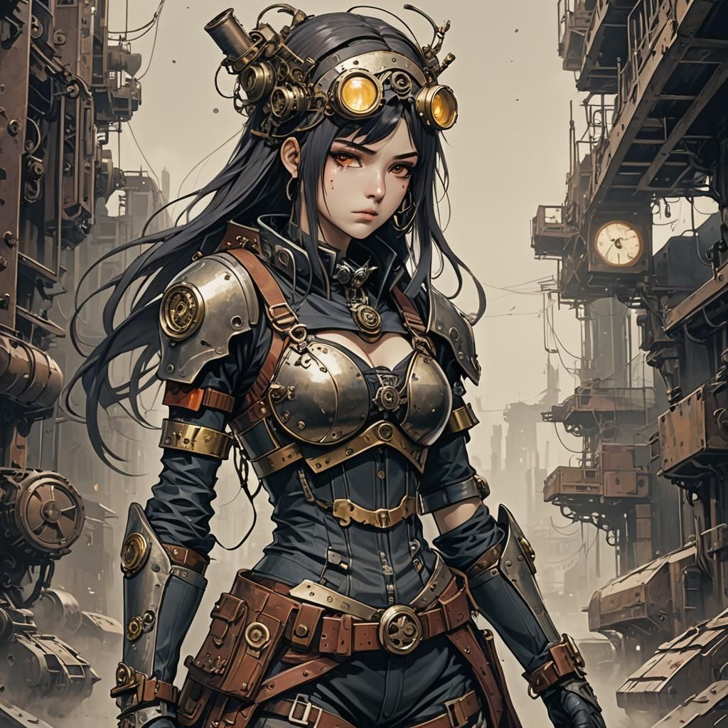 Depressed Cyberpunk Warrioress in Steampunk Style