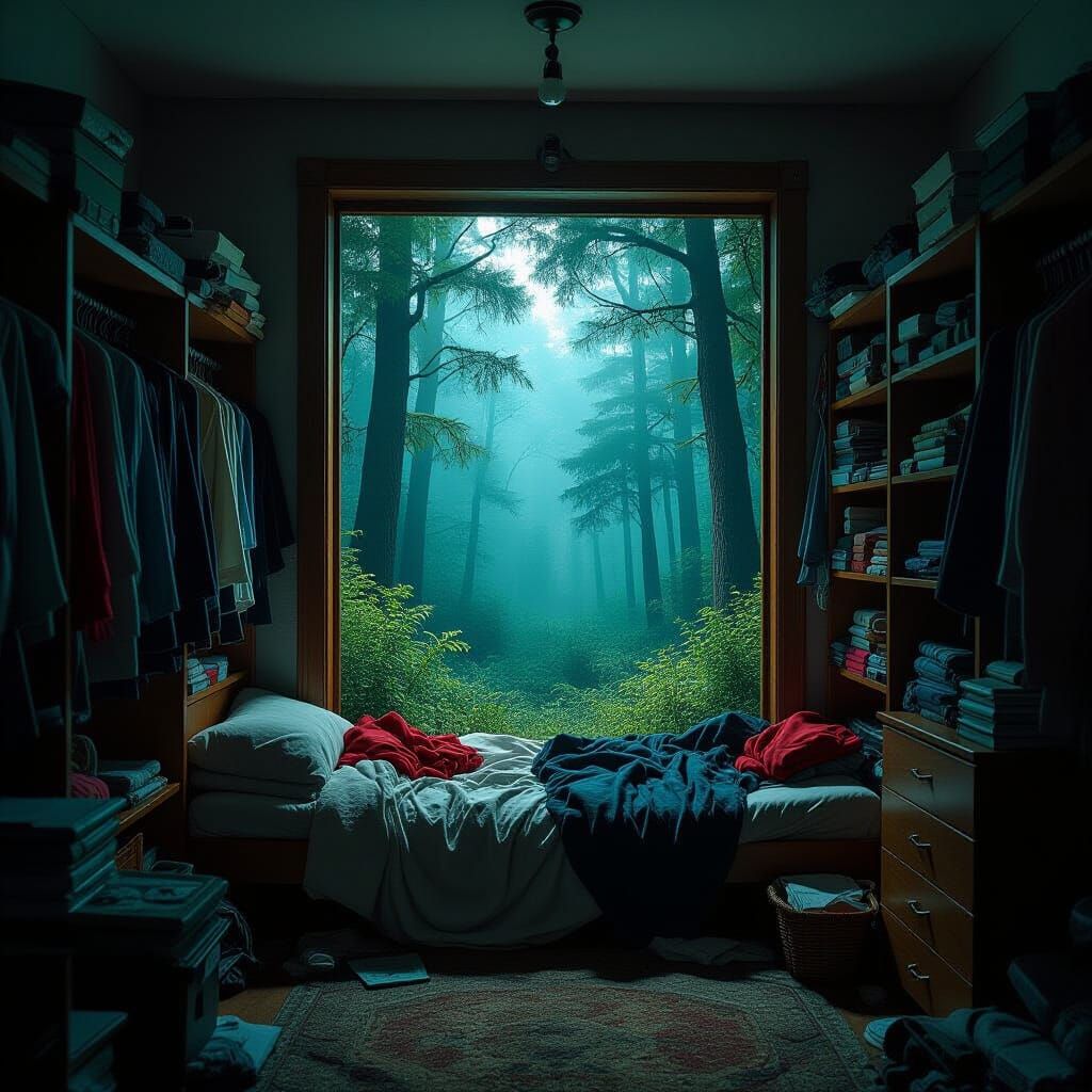 Mythical Forest Portal in a Cluttered Bedroom