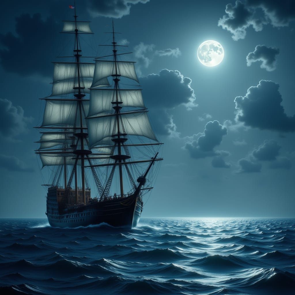 A magnificent tall ship sails beneath a luminous full moon, ...