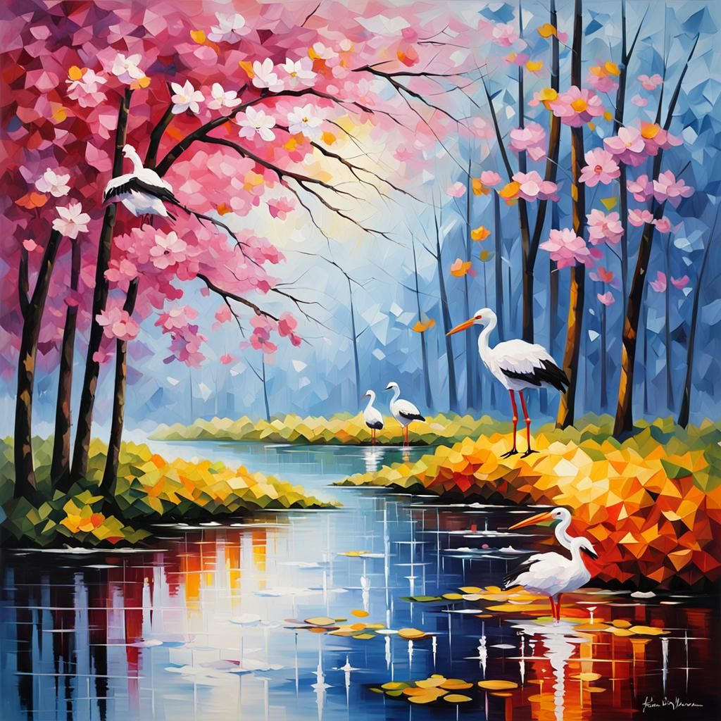 Palette Knife Painting of Lake with Blossoms
