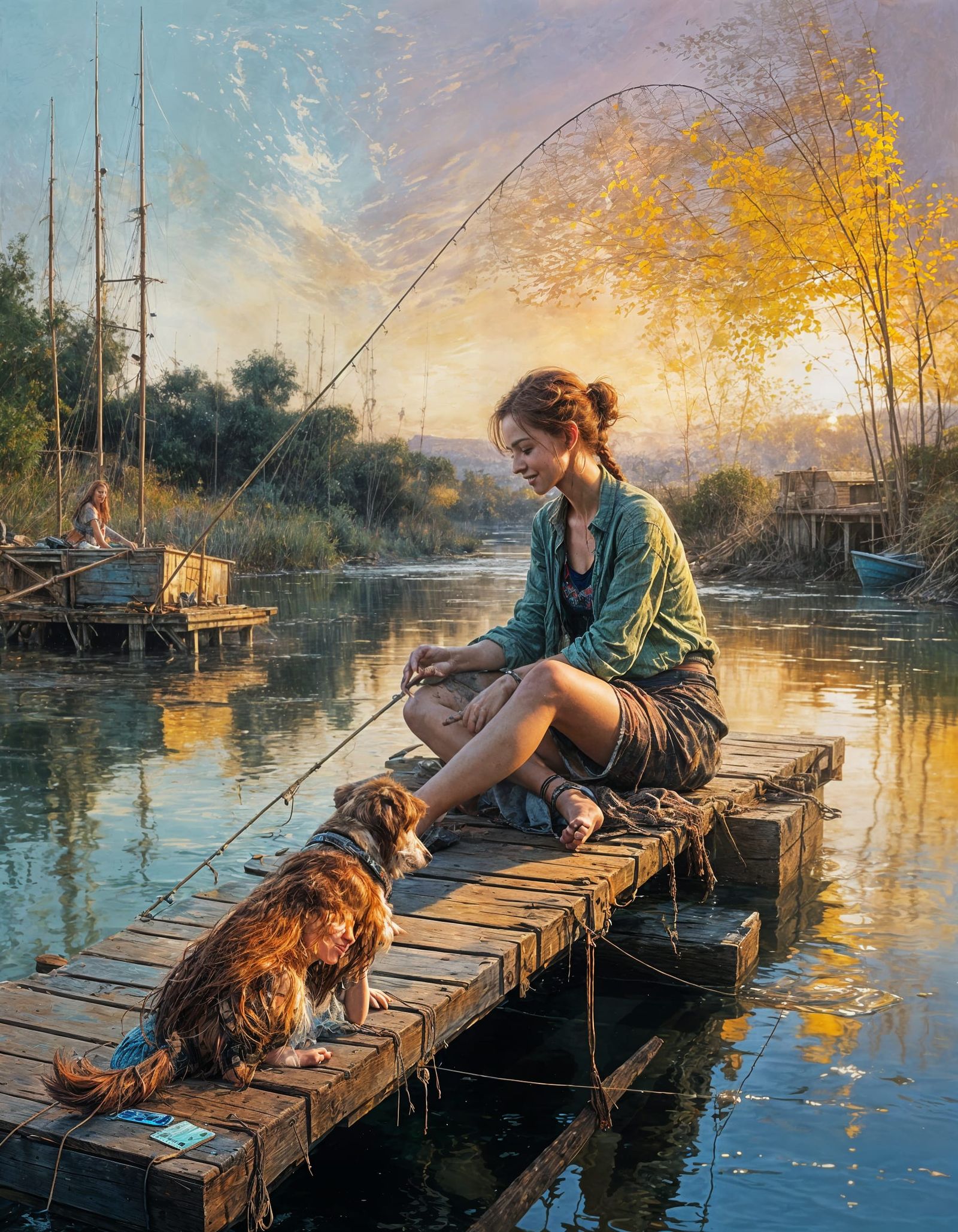 Woman Fishing at Sunset with Dog, Inspired by Classic Illust...