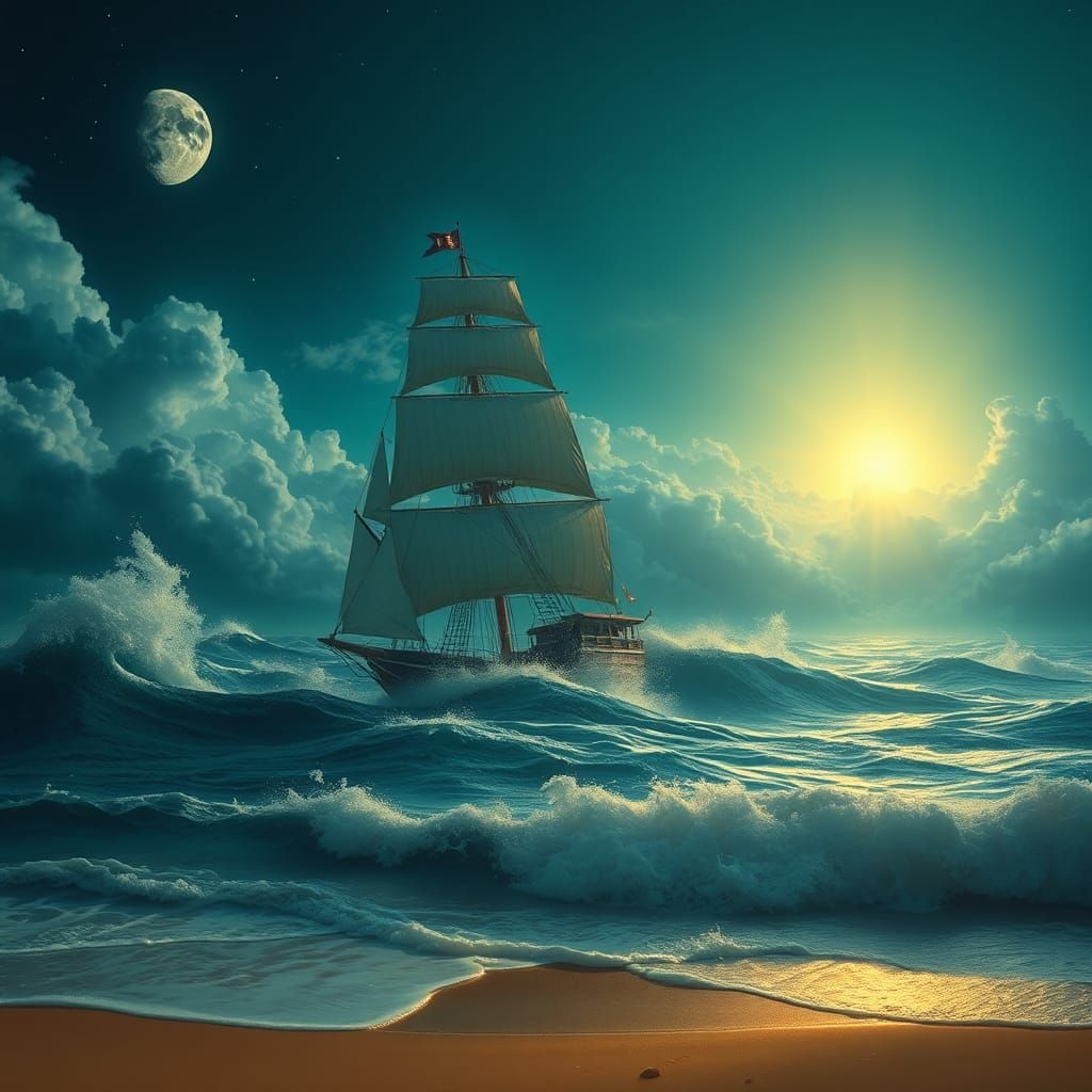 Majestic Sailing Ship in Surreal Moonlit Ocean