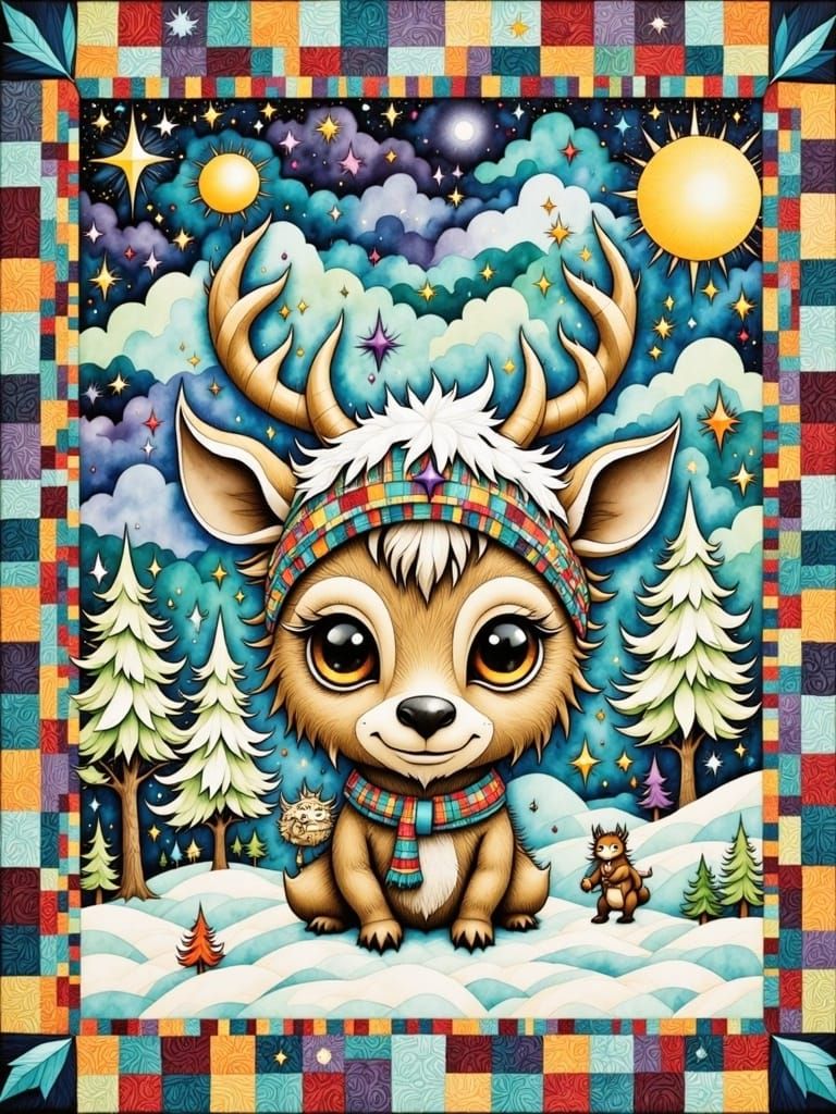 Chibi Baby Deer in Winter Wonderland Patchwork Quilt